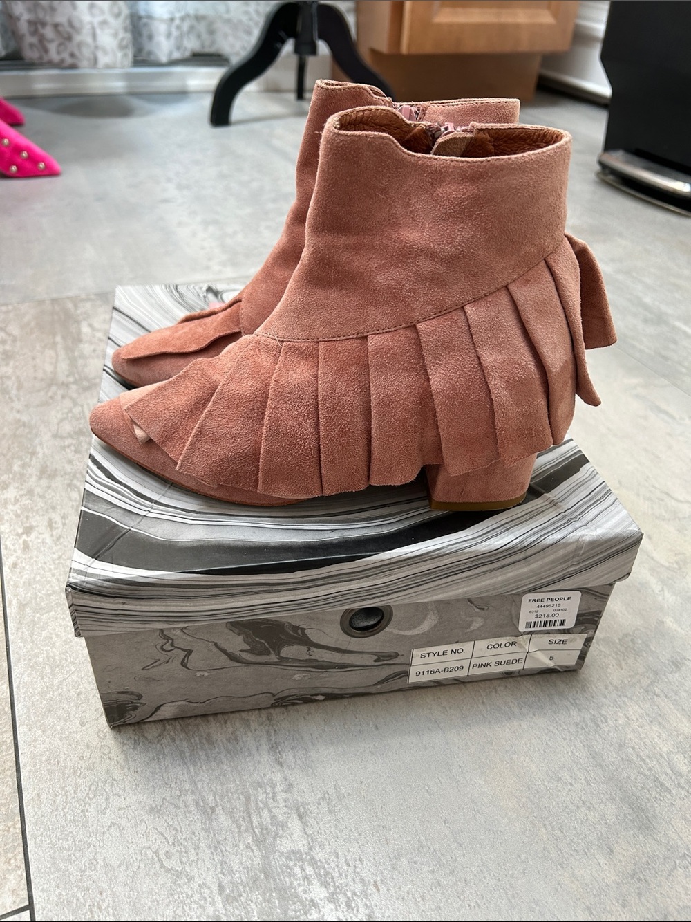 Jeffrey Campbell Pink Suede Ruffle Ankle Boots